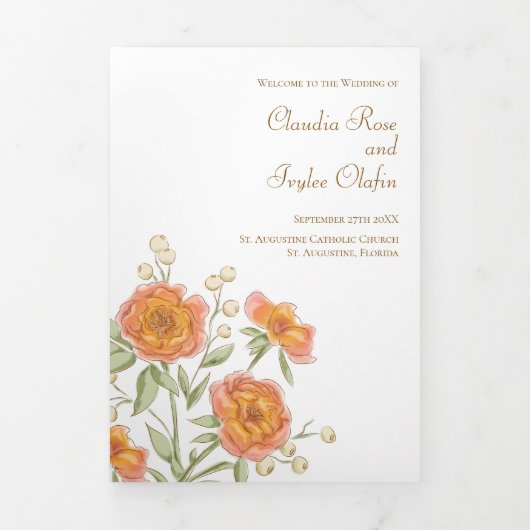 Orangerote Hochzeitsprogramme Dreifach-gefaltete Programmkarte (Cover)