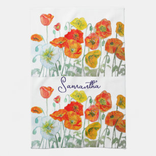 Orangerote Island-Mohn-Blumen-Aquarell-Kunst Geschirrtuch