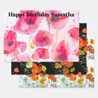 Orangerote Klatschmohn-Blumen-Aquarell-Frau Geburt Geschenkpapier Set