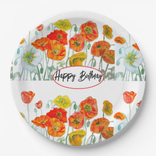 Orangerote Klatschmohn-Blumen-Aquarell-Geburtstag Pappteller