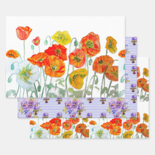 Orangerote Mohnblume Stiefmütterchen Lila Aquarell Geschenkpapier Set