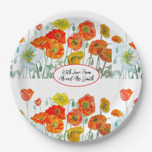 Orangerotes Klatschmohn-Blumenmuster Wasserfarbe H Pappteller
