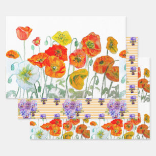 Orangerotes Mohnblumenmuster Aquarell Geschenkpapier Set