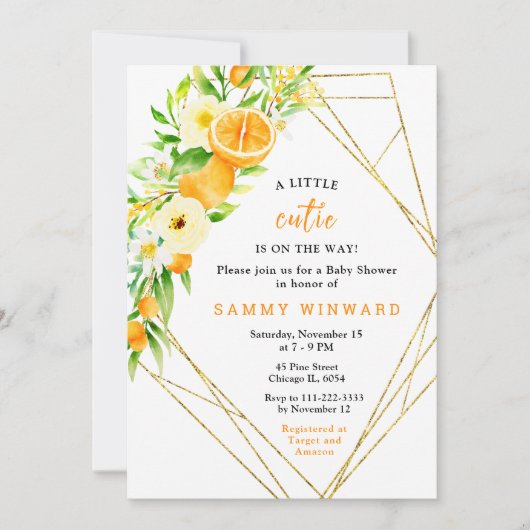 Oranges and Flowers Baby Shower Einladung (Vorderseite)