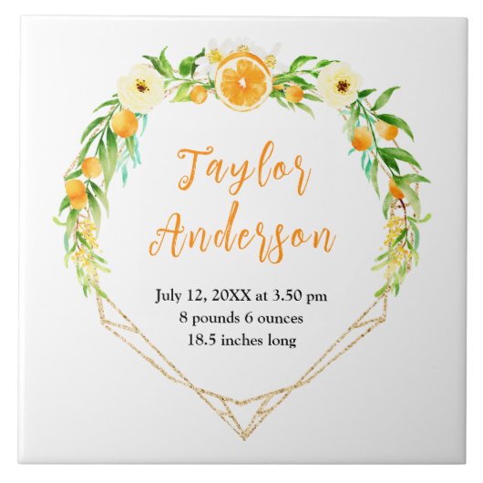Oranges and Foliage Baby Birth Stats Fliese (Vorderseite)