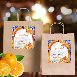Oranges blaue Azulejo spanische Brautparty Favor Quadratischer Aufkleber