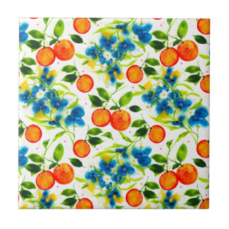 Oranges & Blue Blossoms Watercolor Art Fliese