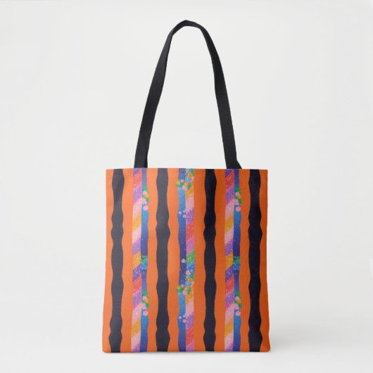 Oranges Blumen-Wellenstreifen-Muster Tasche (Vorderseite)
