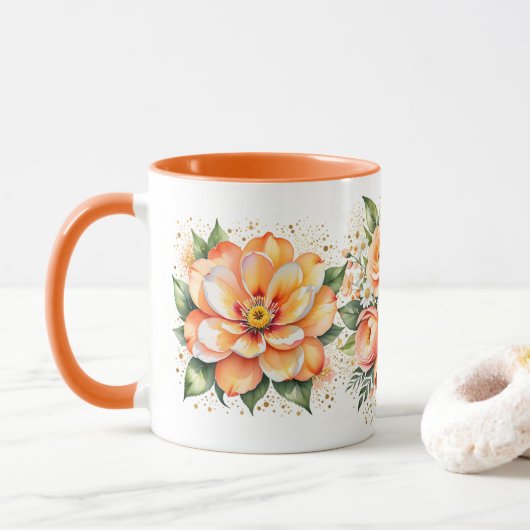 Oranges Blumenarrangement Wasserfarben Kaffeetasse (Mit Donut)