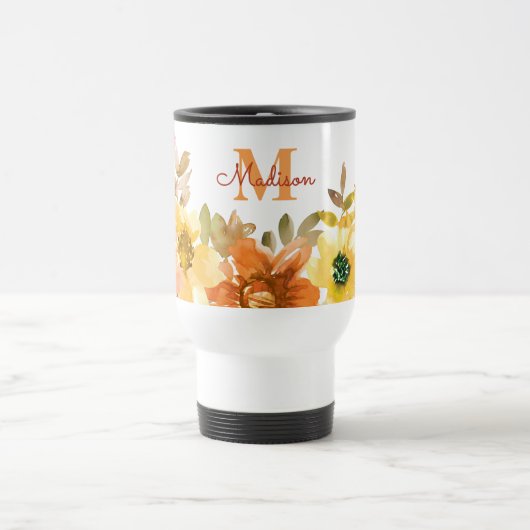 Oranges Blumenmonogramm Namensgeschenk Reisebecher (Mittel)