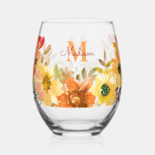 Oranges Blumenmonogramm Namensgeschenk Weinglas Ohne Stiel (Vorderseite)