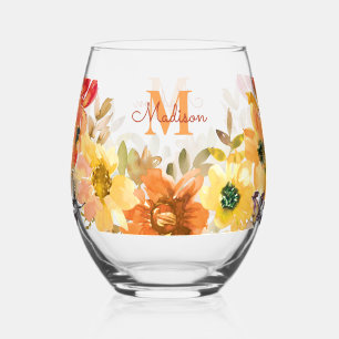 Oranges Blumenmonogramm Namensgeschenk Weinglas Ohne Stiel