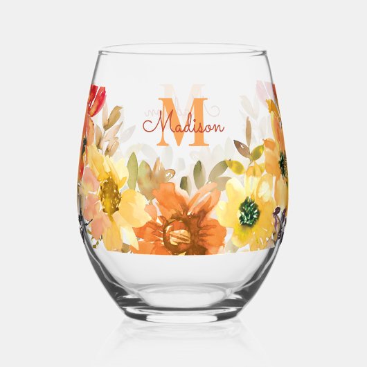 Oranges Blumenmonogramm Namensgeschenk Weinglas Ohne Stiel (Rückseite)