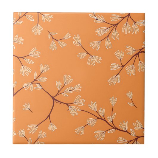 Oranges botanisches Muster weiße handgezeichnete Z Fliese (Vorderseite)