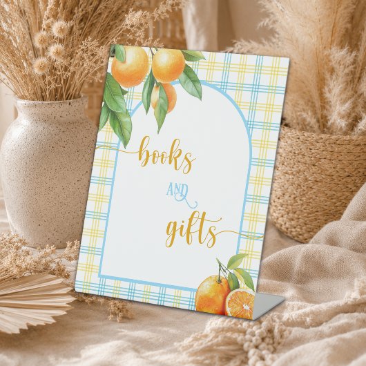 Oranges Bücher und Geschenke Blau Sockelschild