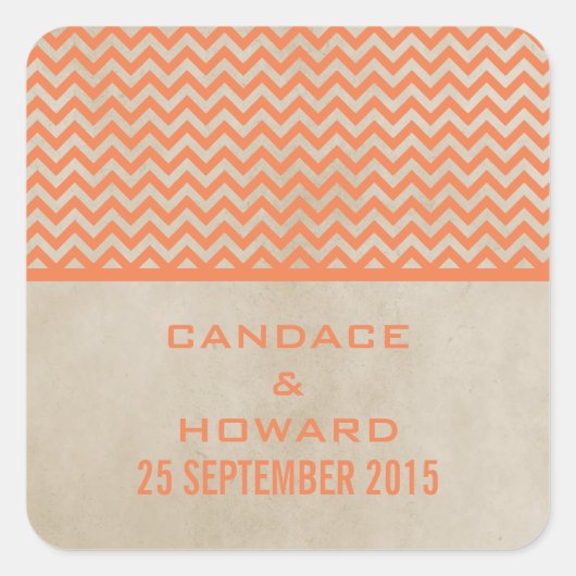 Oranges Chic Chevron Hochzeitsaufkleber Quadratischer Aufkleber (Vorderseite)