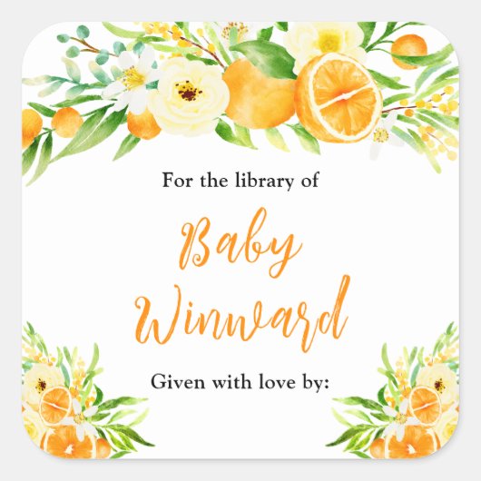 Oranges Citrus Baby Shower Bookplate Quadratischer Aufkleber (Vorderseite)