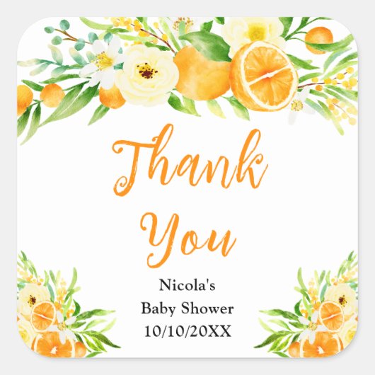 Oranges Citrus Baby Shower Thank You Quadratischer Aufkleber (Vorderseite)