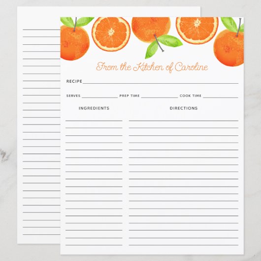 Oranges Citrus Fruit Recipe Card Binder Insert (Vorne/Hinten)