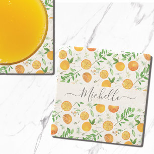 Oranges Citrus Sommer Floral Botanisches Muster Steinuntersetzer