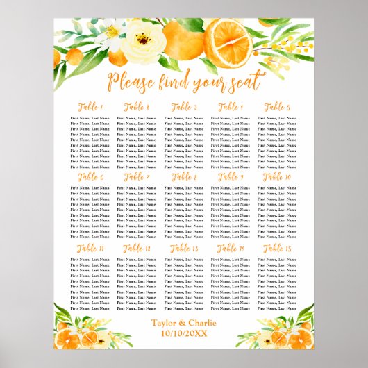 Oranges Citrus Wedding 15 Tables Seating Chart Poster (Vorne)