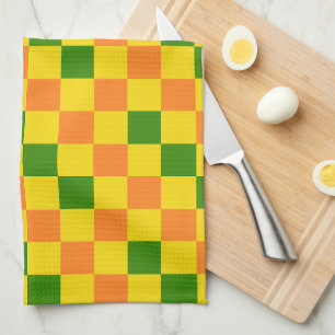 Oranges Gelb Grün Kariertes Musterdesign  Geschirrtuch
