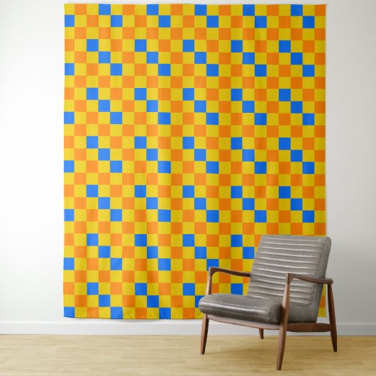 Oranges Gelbes Blaues Karomuster-Design Wandteppich (Beispiel)