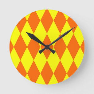 Oranges Gelbes Harlekin-Karuomuster Runde Wanduhr
