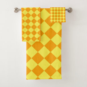 Oranges Gelbes Schachbrett-Diamantmuster Badhandtuch Set