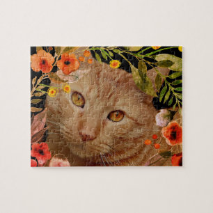 Oranges getigerte Katzenfoto mit Blumenrahmen Puzz Puzzle