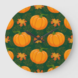 Oranges Kürbis Herbstlaub Muster Große Wanduhr