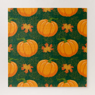 Oranges Kürbis Herbstlaub Muster Puzzle