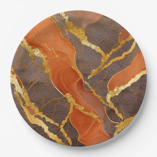 Oranges Marmormuster mit Gold Pappteller (Vorderseite)