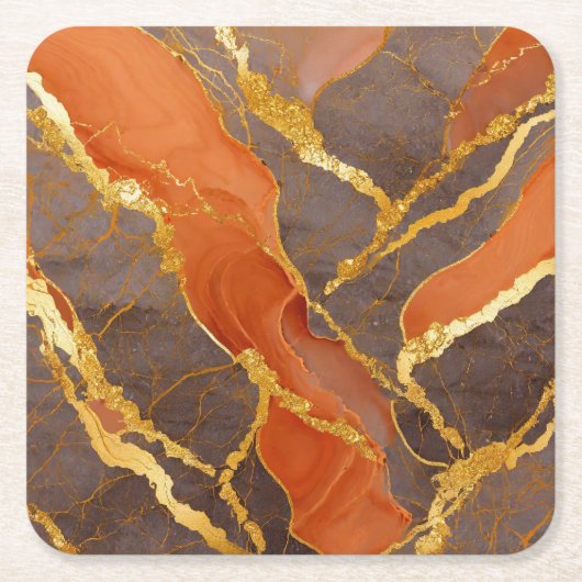 Oranges Marmormuster mit Gold Rechteckiger Pappuntersetzer (Vorderseite)