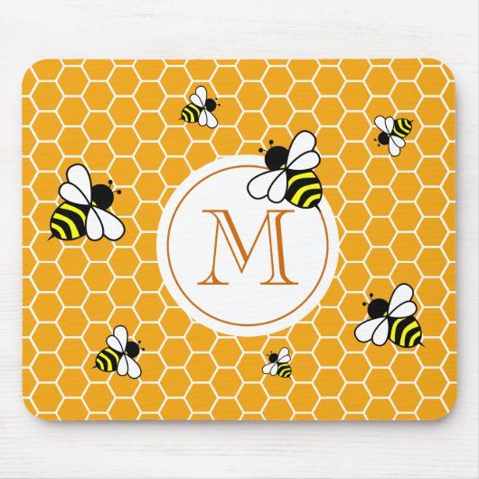 Oranges Monogramm Bienen Wabenmuster Mousepad (Vorne)