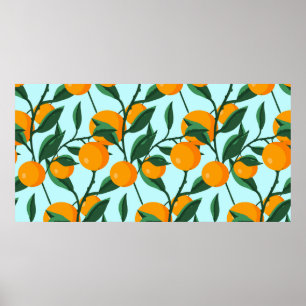 oranges on leaf branches seamless pattern, citrus  poster