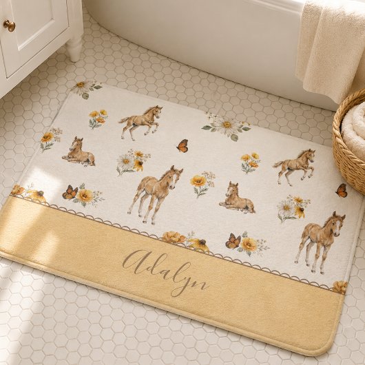 Oranges Pferd Wildblumen-Monogramm-Muster Badematte