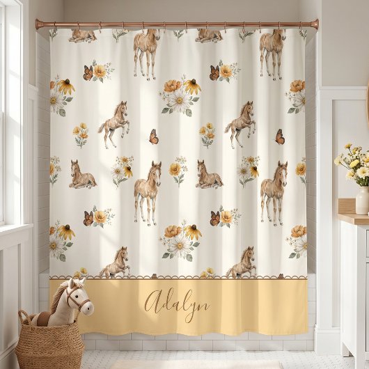 Oranges Pferd Wildblumen-Monogramm-Muster Duschvorhang