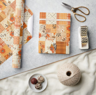 Oranges Quilt-Karo Cottagecore-Blumenmuster Geschenkpapier
