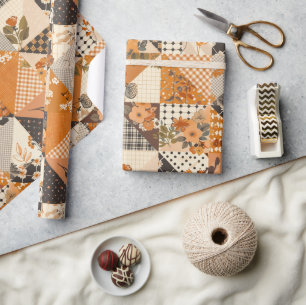 Oranges Quilt-Karo Cottagecore-Blumenmuster Geschenkpapier