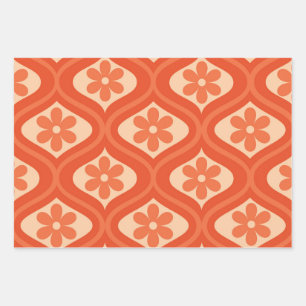Oranges Retro-70er-Blumen auf Ogee-Muster  Geschenkpapier Set