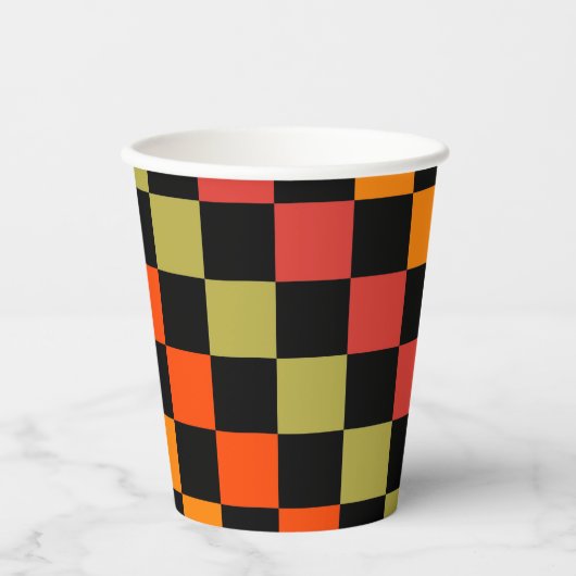 Oranges Schwarz kariertes Gingham-Muster Pappbecher (Vorderseite)