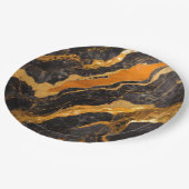 Oranges Schwarz Marmormuster mit Gold Pappteller (Schrägansicht)