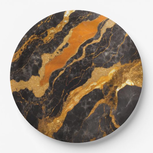 Oranges Schwarz Marmormuster mit Gold Pappteller (Vorderseite)