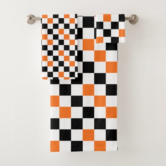 Oranges Schwarz Weiß Kariertes Musterdesign Badhandtuch Set (Insitu)
