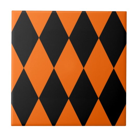 Oranges Schwarzes Harlekin-Diamant-Schachbrettmust Fliese (Vorderseite)