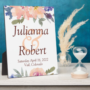 Oranges und blaues Wasserfarben-Blumen-Hochzeitssc Fotoplatte