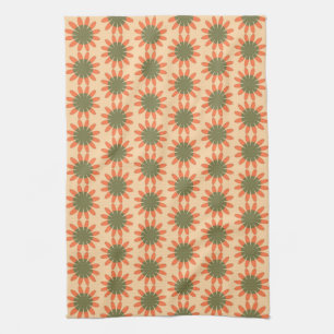 Oranges und grünes Retro-Blumenmuster Geschirrtuch