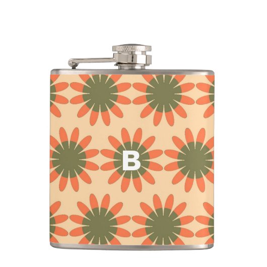 Oranges und grünes Retro-Blumenmuster-Monogramm Flachmann (Vorderseite)