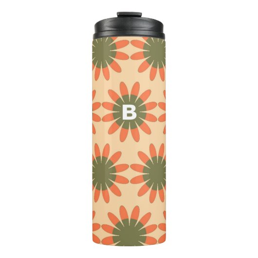 Oranges und grünes Retro-Blumenmuster-Monogramm Thermosbecher (Vorderseite)